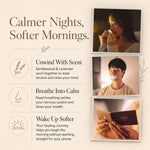 Sayang Sleep Strips graphic showing a woman smelling the scented mouth tape, a man wearing a strip for nasal breathing, and hands holding the Your Sayang Journey booklet beneath the words “Calmer Nights, Softer Mornings.”
