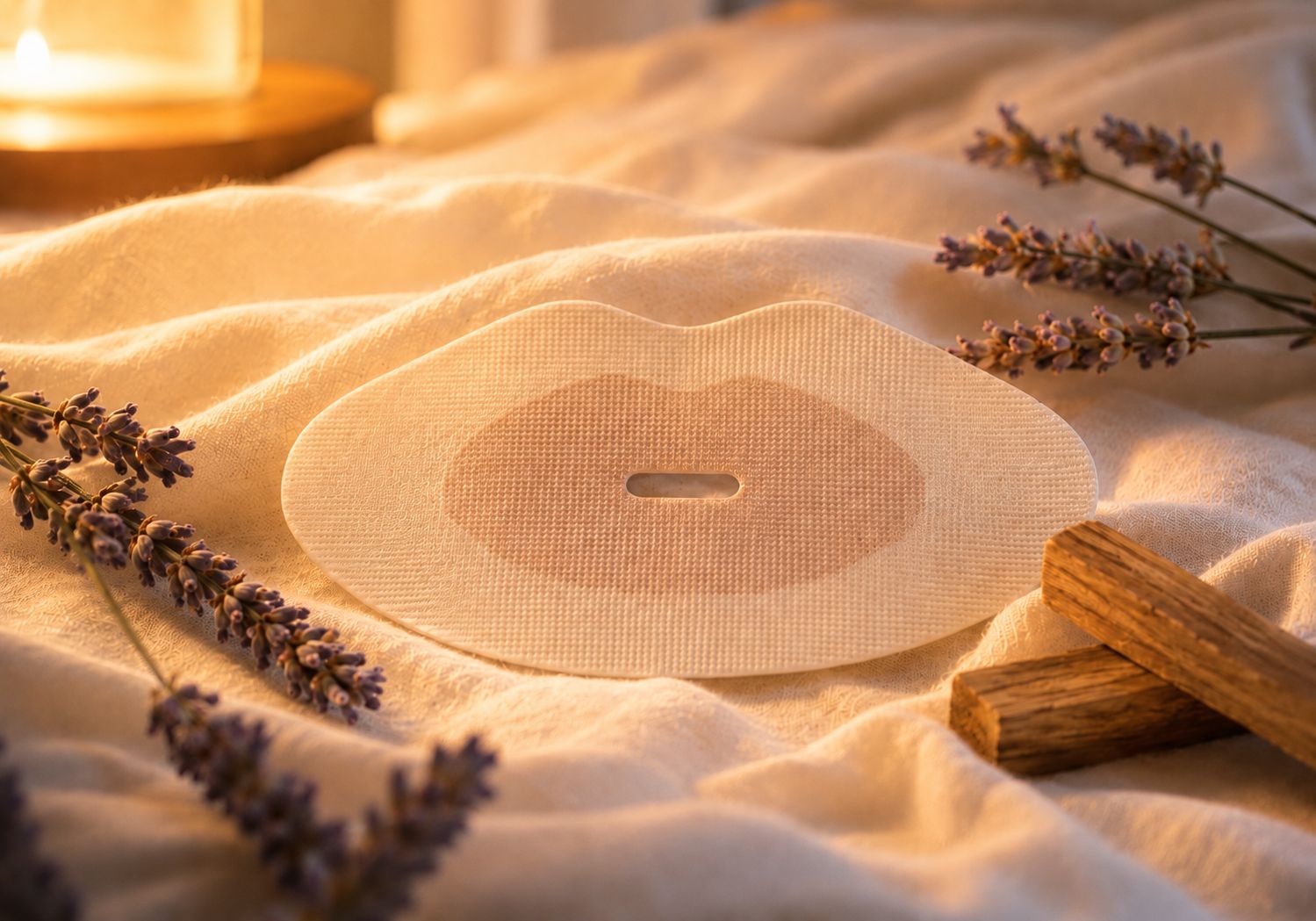 Sayang Sleep Strip scented mouth tape displayed with sandalwood and lavender on soft bedding.