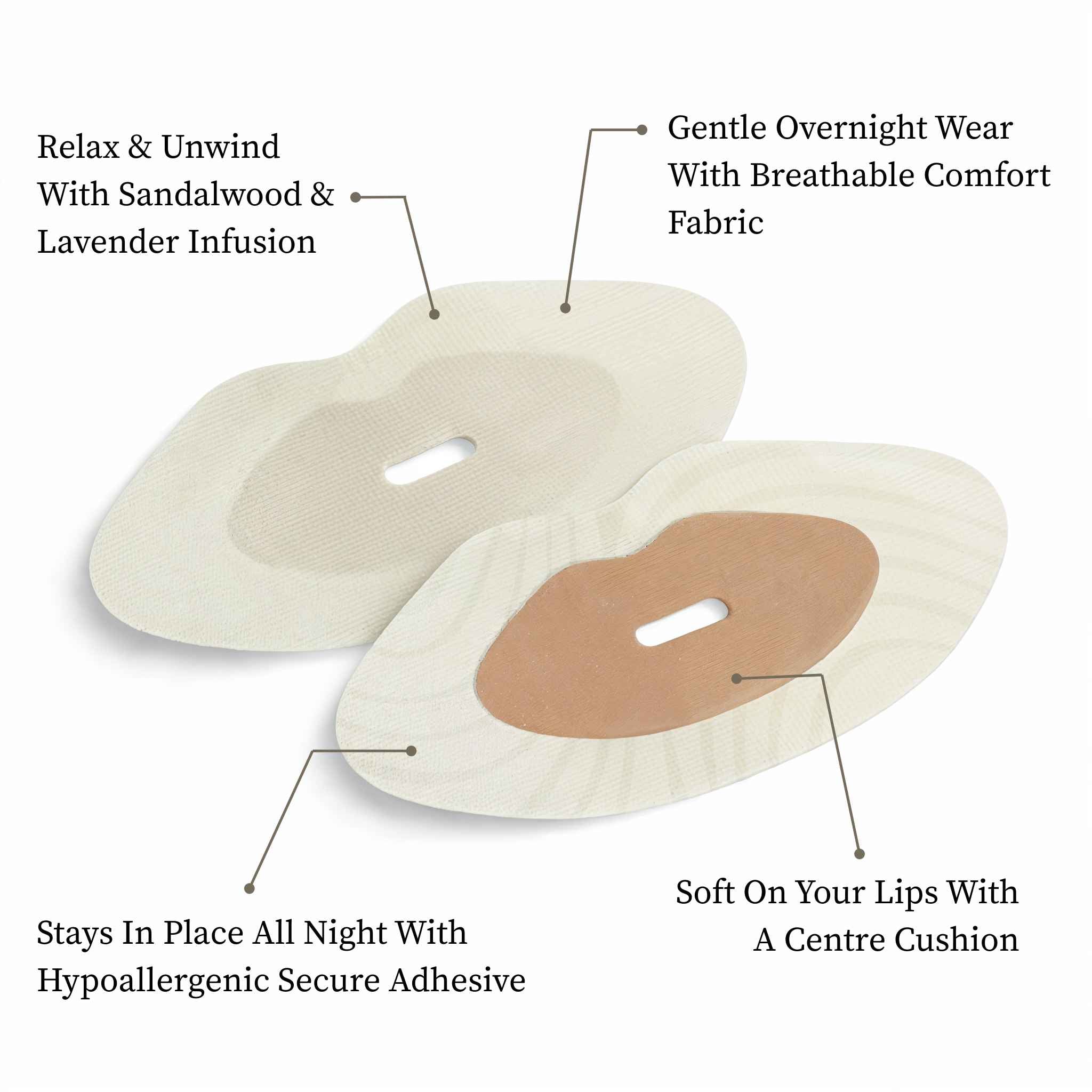 Front and adhesive sides of Sayang Sleep Strips showing the sandalwood and lavender infusion, breathable fabric, soft centre cushion and hypoallergenic secure adhesive.