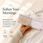 Hand holding the Your Sayang Journey booklet with a used Sayang Sleep Strip placed inside beside the words “Soften Your Mornings.”