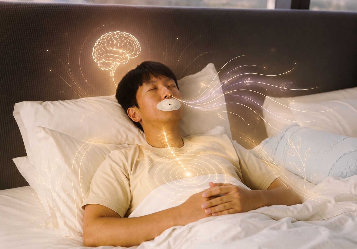 Man resting in bed wearing a Sayang Sleep Strip, with illustrated airflow showing nasal breathing and a calm bedtime routine.