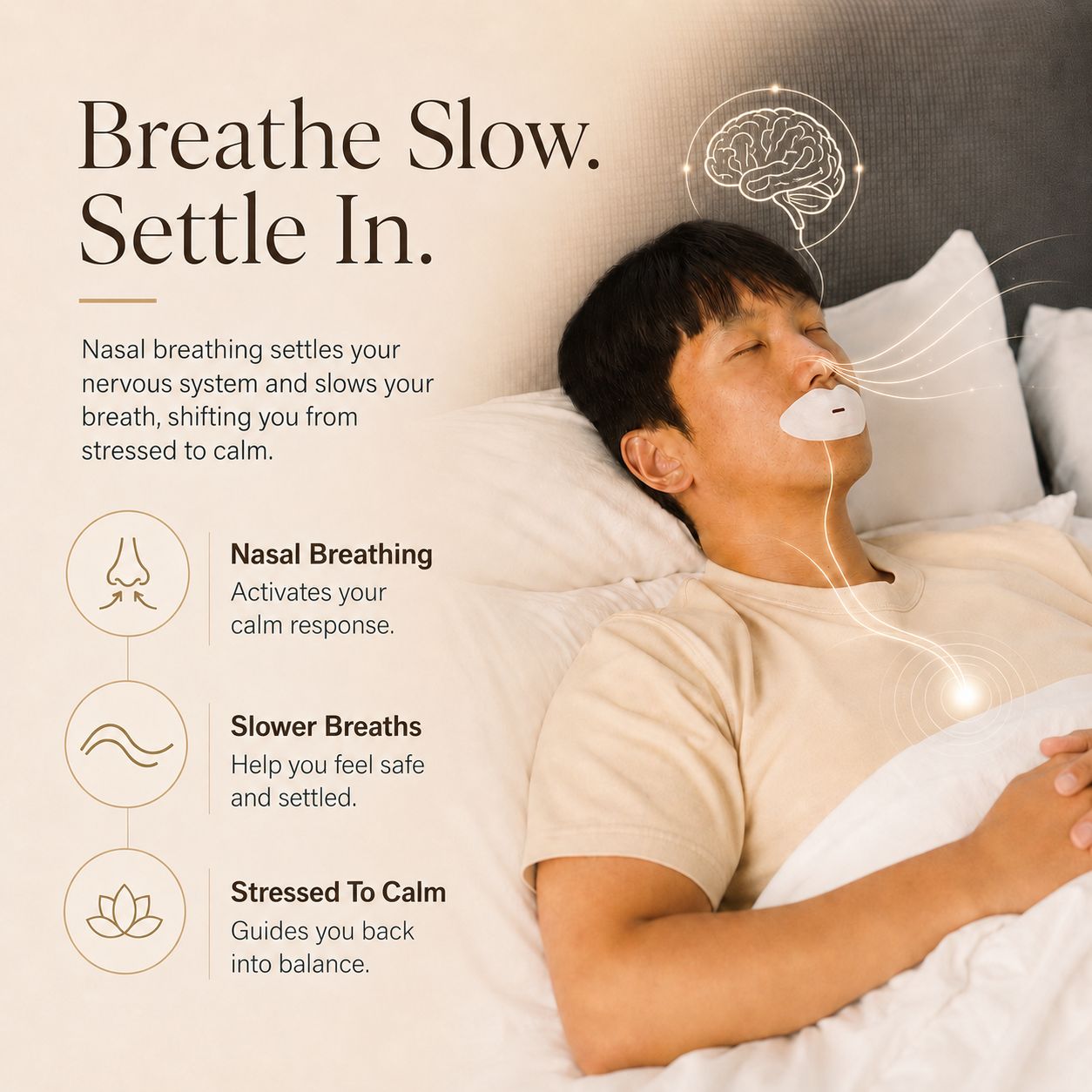 Man resting in bed wearing a Sayang Sleep Strip for nasal breathing beside the words “Breathe Slow. Settle In.”