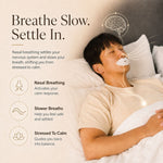 Man resting in bed wearing a Sayang Sleep Strip for nasal breathing beside the words “Breathe Slow. Settle In.”