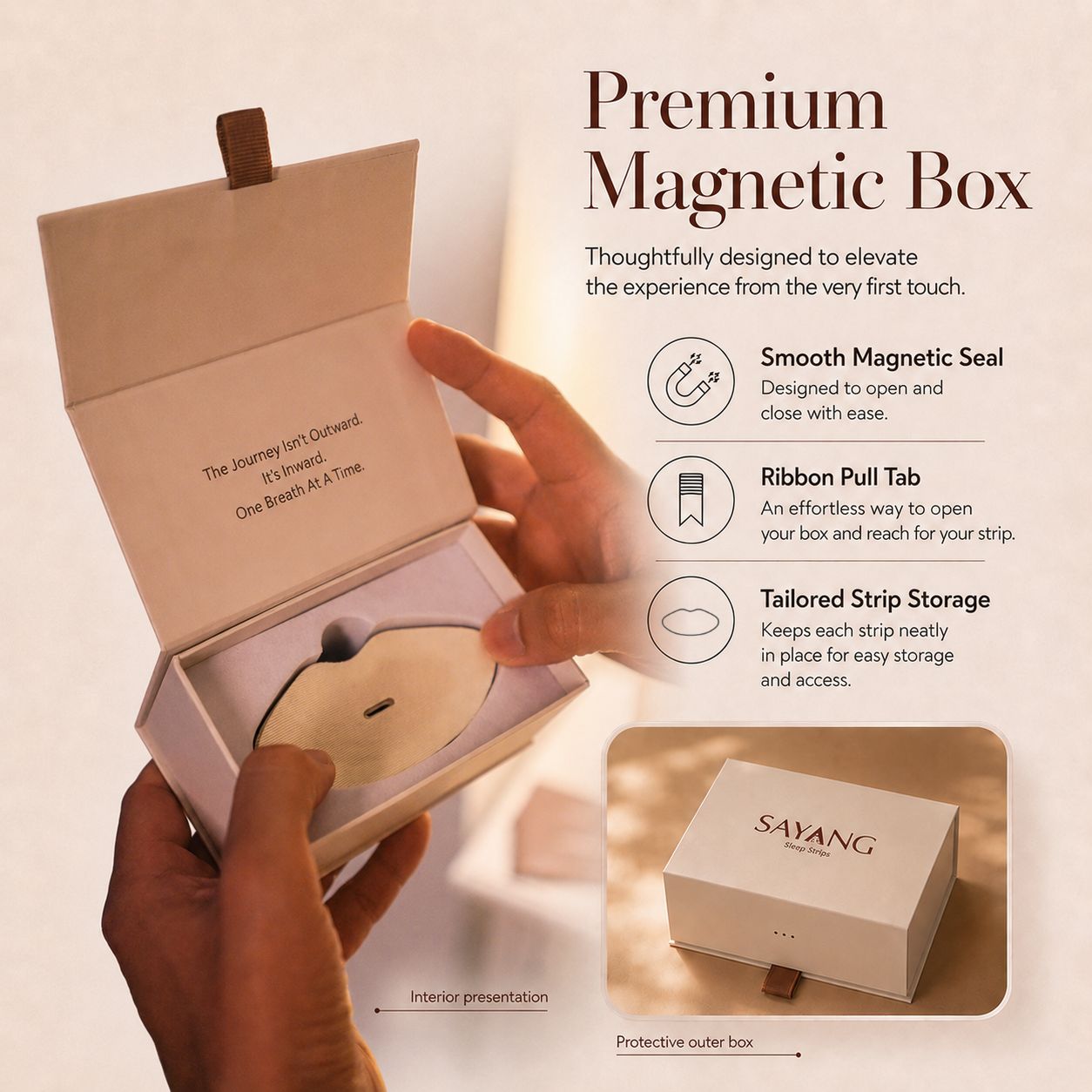Open Sayang Sleep Strips premium magnetic box with mouth strips stored inside, showing the magnetic seal, ribbon pull tab and tailored storage.