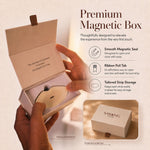 Open Sayang Sleep Strips premium magnetic box with mouth strips stored inside, showing the magnetic seal, ribbon pull tab and tailored storage.