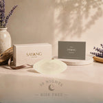 Sayang Sleep Strips scented mouth tape with the product box, Your Sayang Journey booklet, sandalwood and lavender.